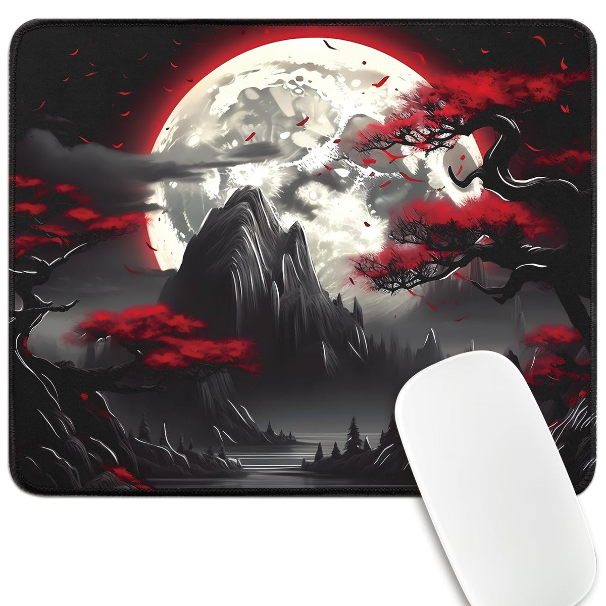 FreeNook Large Gaming Mouse Pad, Anime Black Mousepad with Stitched Edges, Expanded Cool Desk Mat, Japanese Red Moon XL Keyboard Mat Suitable for Home Office,31.5 X 11.8 Inch