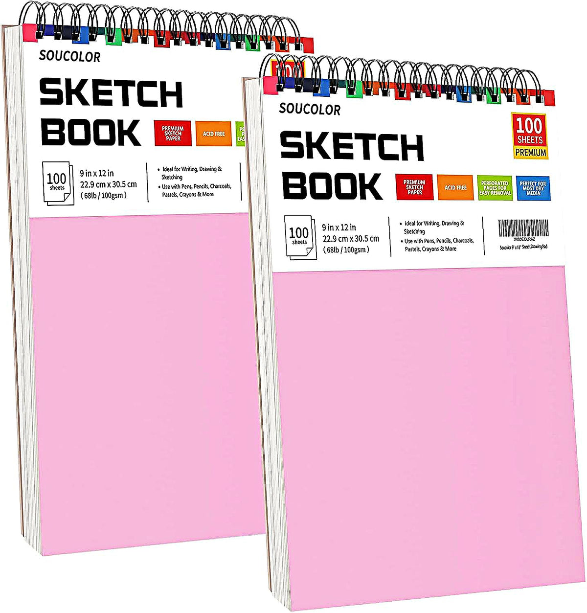 Soucolor Sketch Book 9" x 12", 100 Sheets Kids Art Sketchbook Drawing Pad | 68lb Acid-Free, Fine-Texture Paper, Top Spiral for Lay-Flat, Gift for Teens Girls Boys Beginners Adults, School Art Supplies