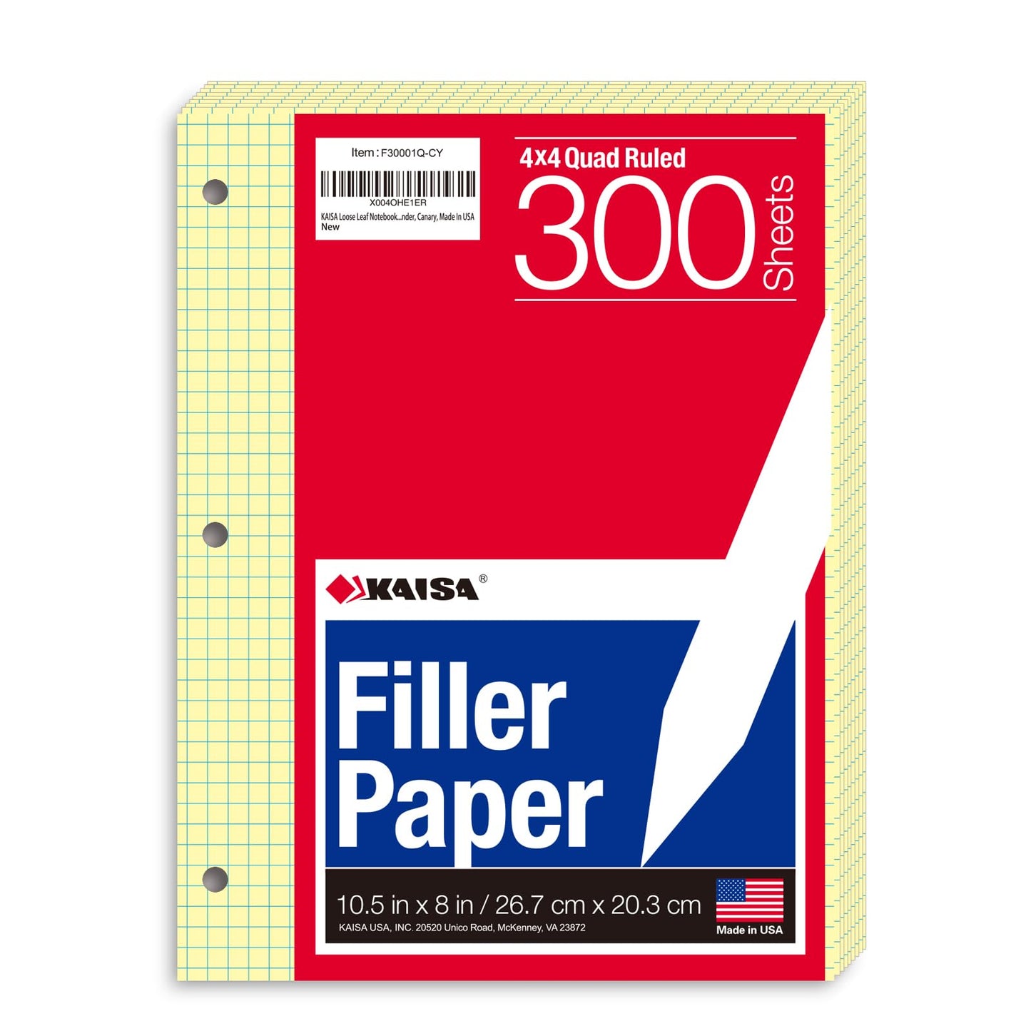Kaisa Graph Paper Filler Paper USA-Made Bulk Wholesale Available 3 Pack 4x4 Quad Rule 3-Hole Punched Loose Leaf Paper 8x10.5 Filler Paper for 3-Ring Binder, 150 Sheets/Pack
