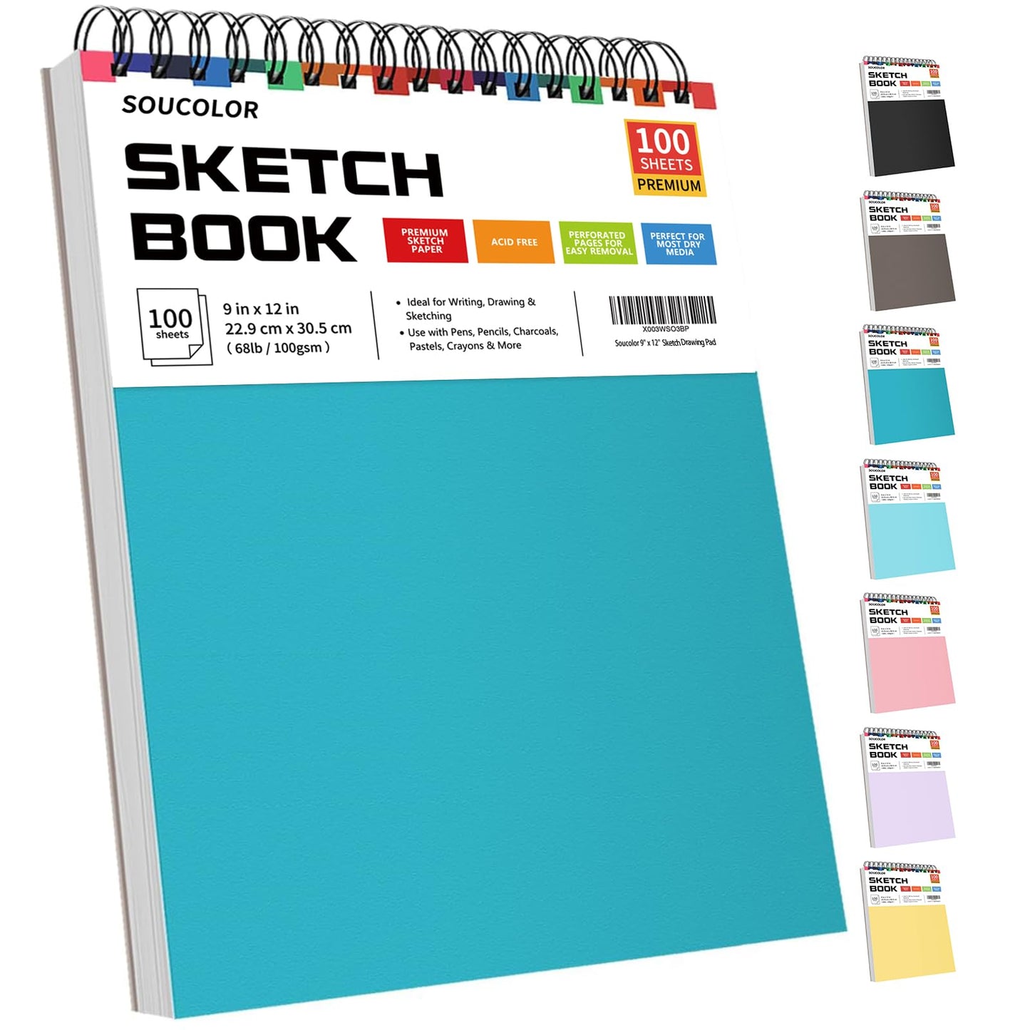 Soucolor Sketch Book 9" x 12", 100 Sheets Kids Art Sketchbook Drawing Pad | 68lb Acid-Free, Fine-Texture Paper, Top Spiral for Lay-Flat, Gift for Teens Girls Boys Beginners Adults, School Art Supplies