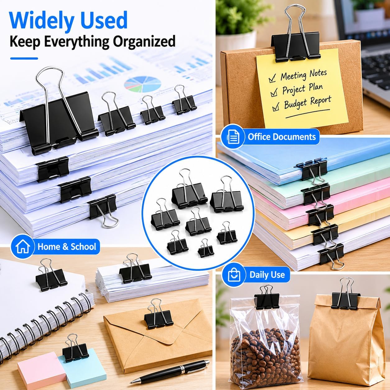 208PCS Binder Clips Assorted Sizes, Paper Clamps 6 Sizes, Office Supplies | Extra Large Medium Small Mini Micro, Meta Blinder Paper Clamps, for Office Supplies, Home, School