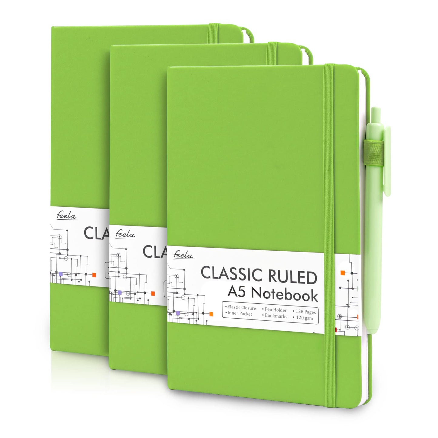 feela 3 Pack Hardcover Notebook For Women, Classic Ruled Lined Journal Set School Business Supplies, with 3 Black Pens, 120 GSM, 5.1”x8.3”, A5, Pastel Colors, Light Blue, Light Purple, Light Green