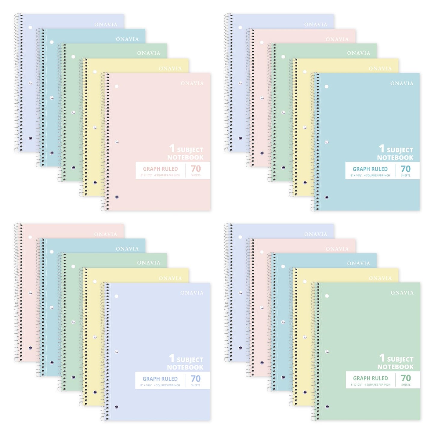 ONAVIA 1 Subject Graph Paper Spiral Notebook 5 Pack, 140 Pages, Assorted | 70 Sheets, 8 x 10.5 in, 3-Hole Punched, Graph Notebook, Grid Paper, School Notebook, Study