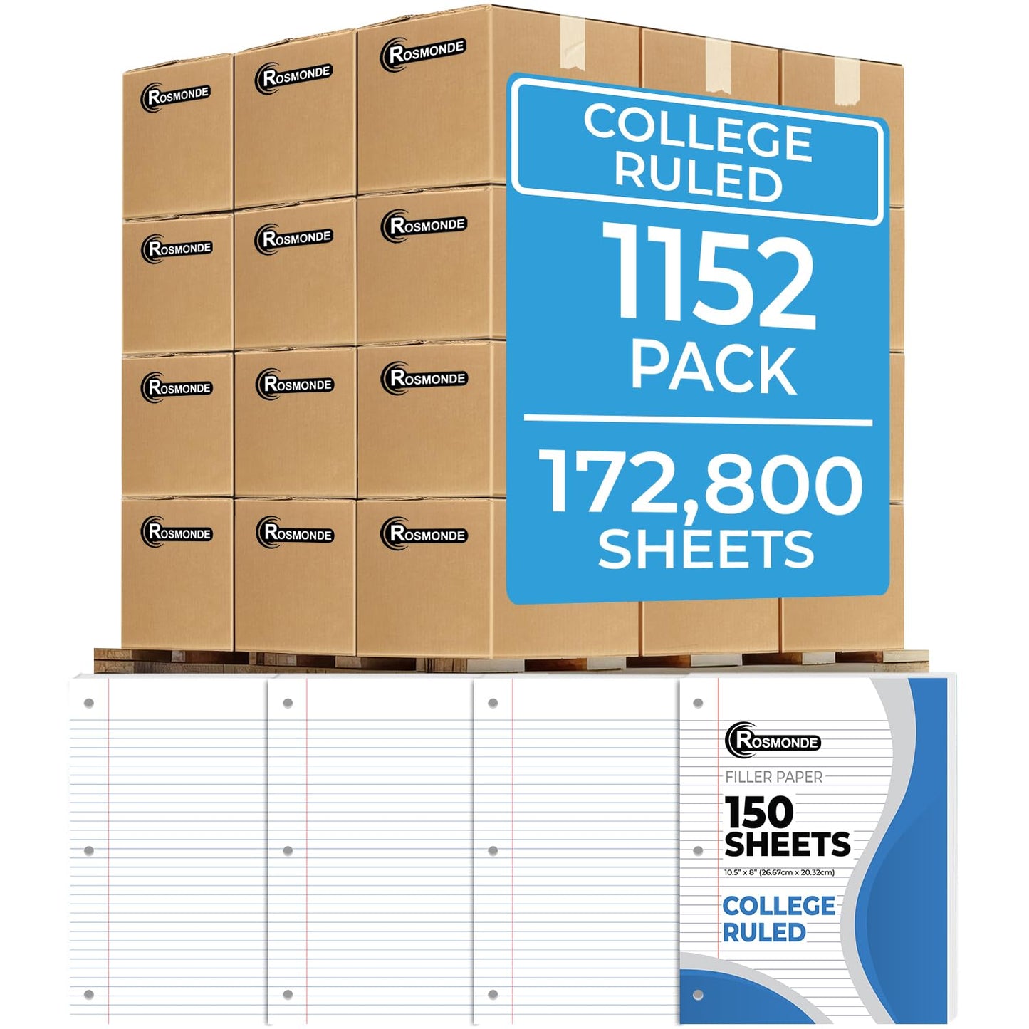 450 Sheets Loose Leaf Paper, 3 Pack, College Ruled Filler Paper | Bulk Office Filler Paper, 8" x 10.5", 3 Hole Punched, 150 Sheets/Pack, College Ruled Notebook Paper for Binder, White