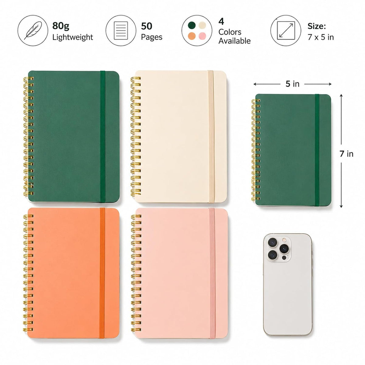 Siorpee 4 PCS Small Spiral Notebook 5x7, Spiral Journal Notebook, Notebooks for Work, Note Taking, School, Small Notebooks 5x7 with Strap, Cute Notebooks for Women 50 Sheets