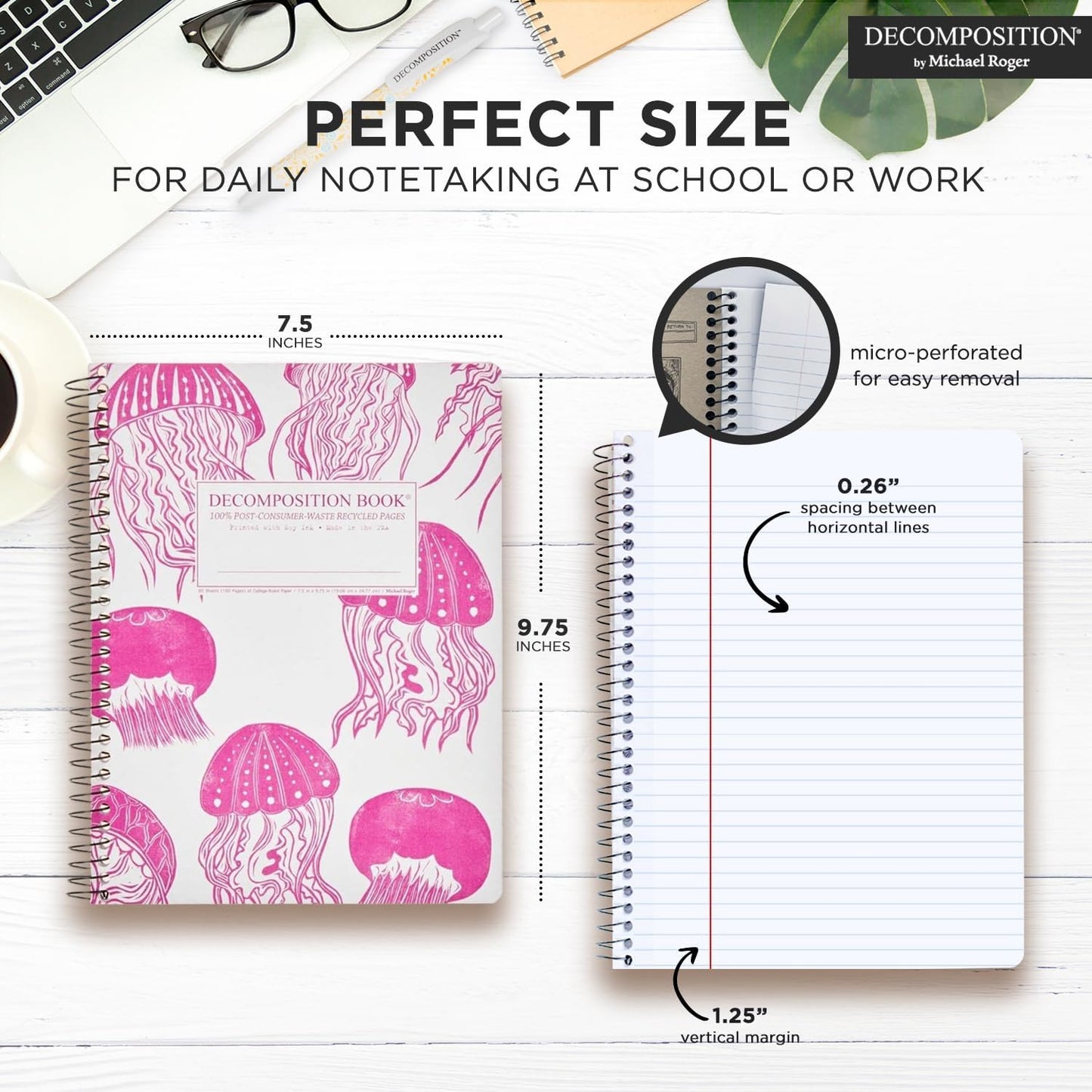 Decomposition Jellyfish College Ruled Spiral Notebook - 9.75 x 7.5 Journal with 160 Lined Pages - 100% Recycled Paper - Cute Notebooks for School Supplies, Home & Office - Made in USA