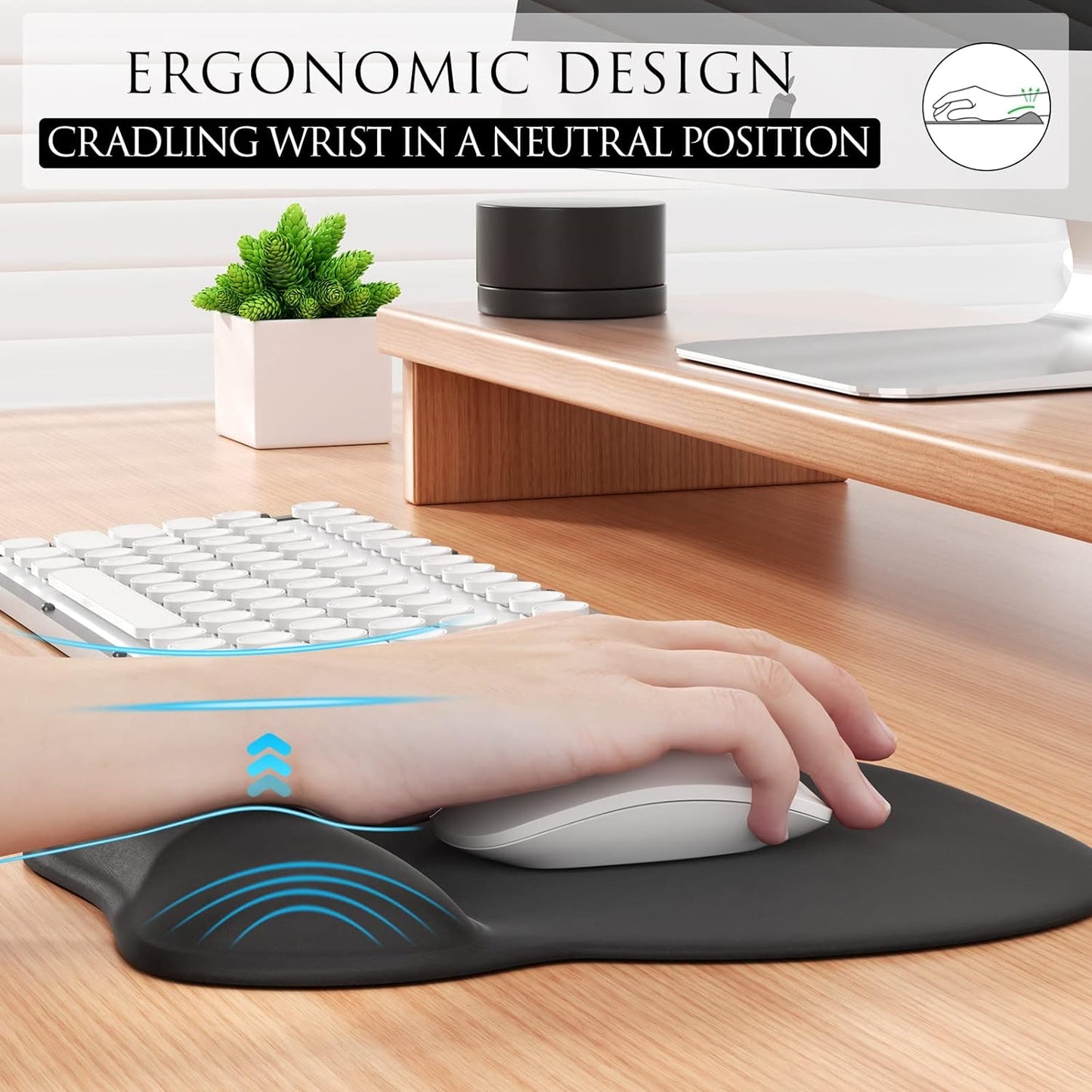 MROCO Ergonomic Mouse Pad with Gel Wrist Rest, 9.4 x 8.1 in, Black | Ergonomic Shape Design for Pain Relief, Cooling Feel Gel Cushioning for Wrist Comfort, Smooth Lycra Surface, Non-Slip PU Base