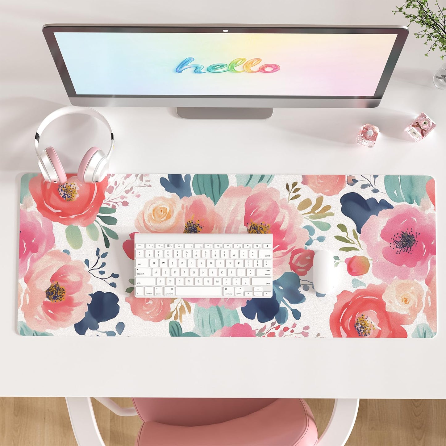 Faux Leather Large Mouse Pad, Office Desk Mat, 31.5"x15.7", Pink Floral | Desk Décor Accessories, Extended Size, Waterproof & Easy to Clean, Smooth Surface, Non Slip Desk Organization
