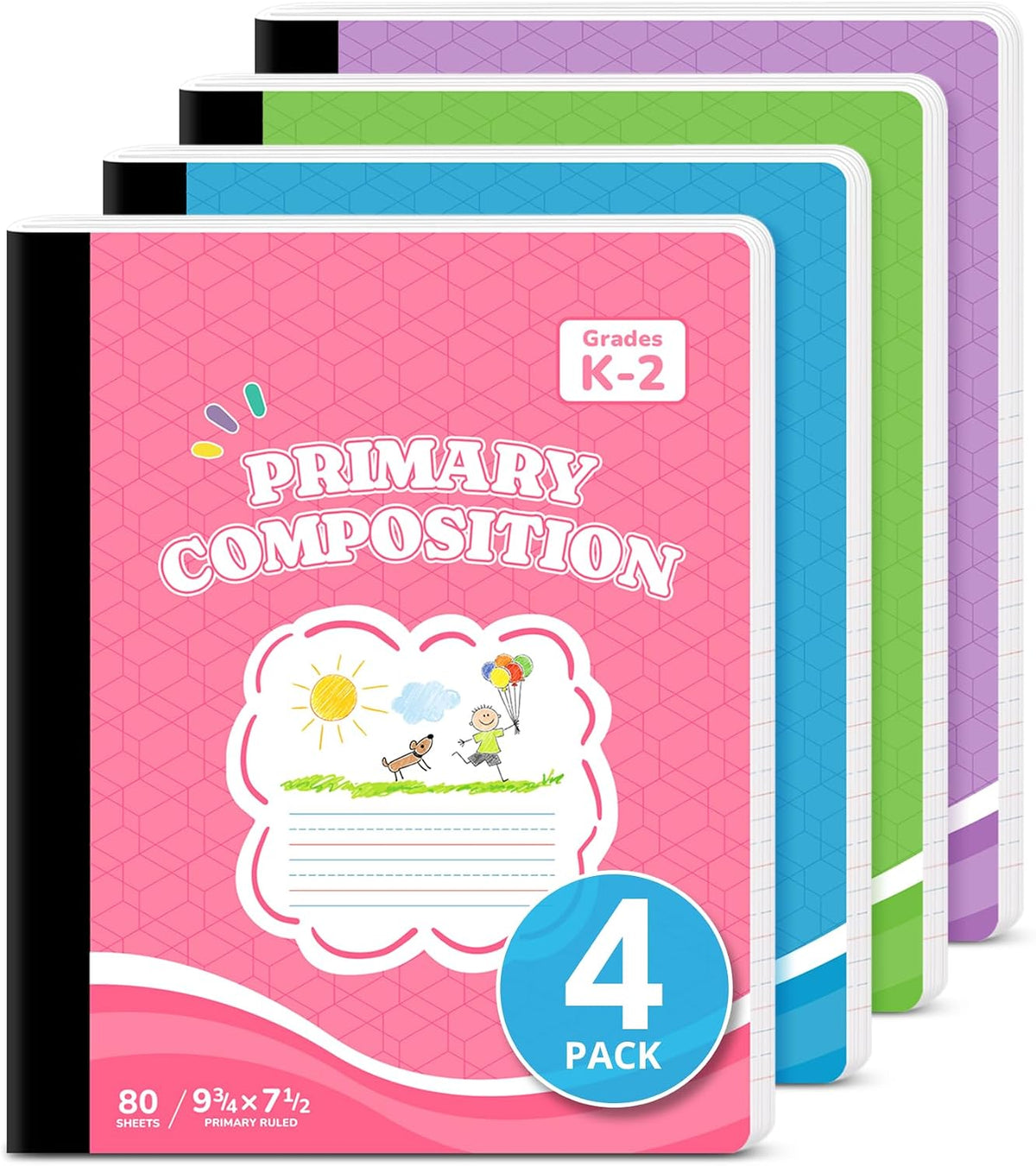 Primary Ruled Composition Notebook K-2, Cute Composition Notebook | 4 Pack 9-3/4" x 7-1/2", 160 Pages (80 Sheets), Pastel Primary Composistion Notebook Perfect for School Office Supplies