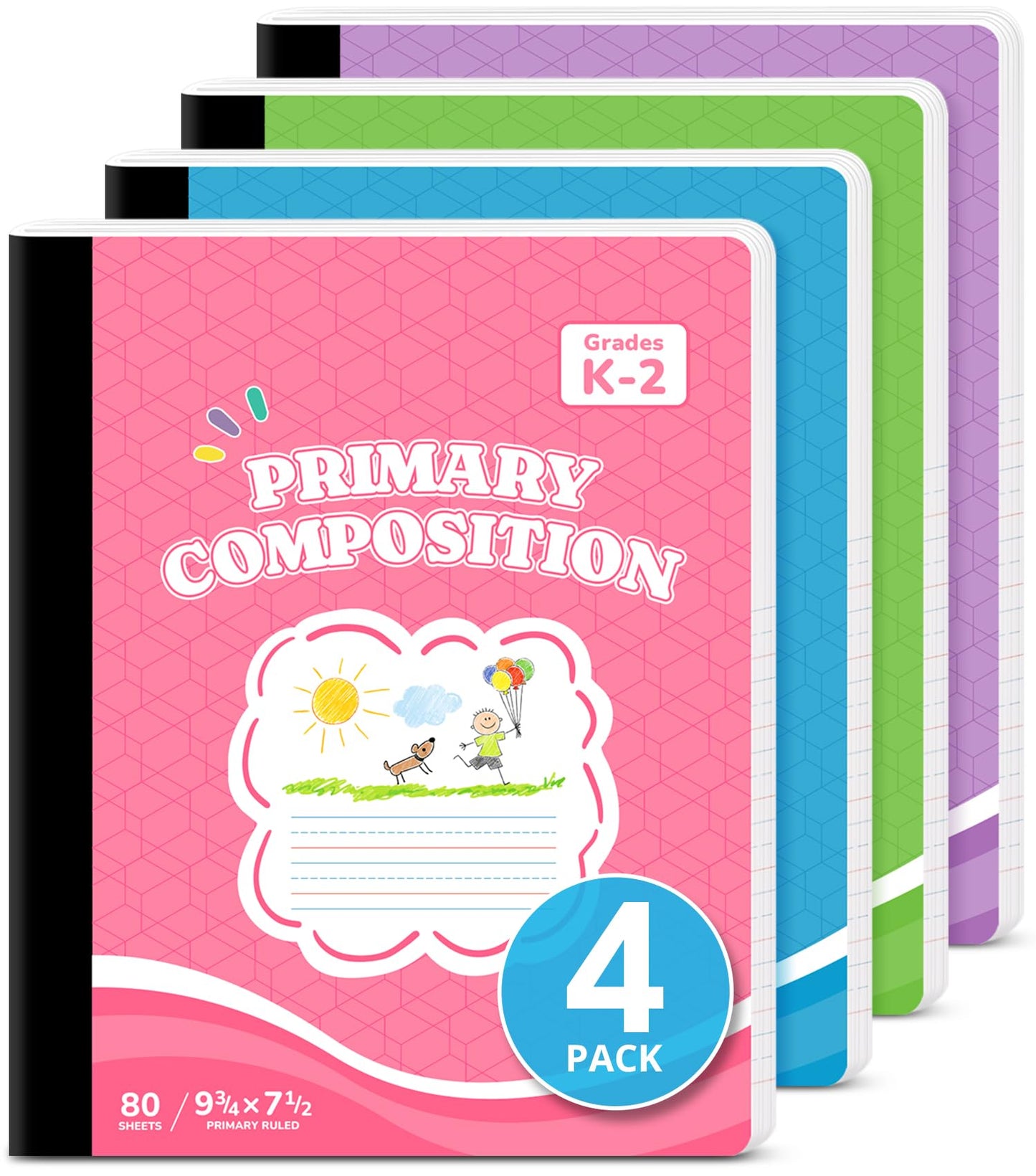 Primary Ruled Composition Notebook K-2, Cute Composition Notebook | 4 Pack 9-3/4" x 7-1/2", 160 Pages (80 Sheets), Pastel Primary Composistion Notebook Perfect for School Office Supplies