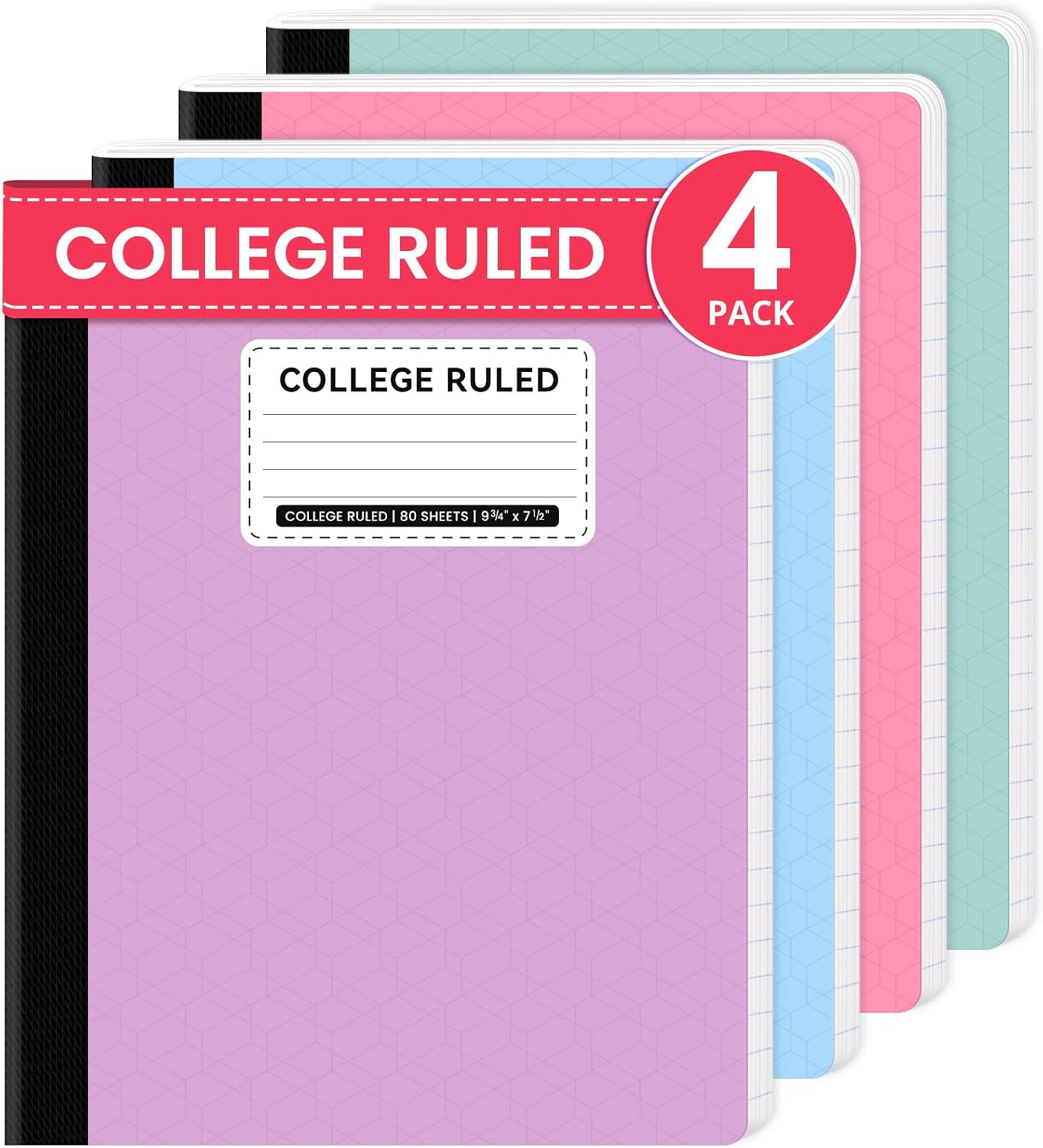 College Ruled Composition Notebook 4 Pack School Supplies, 160 Pages | 9-3/4" x 7-1/2" Aesthetic Composition Notebooks, 80 Sheets, Pastel Colors, Perfect for School, Office and Note Taking