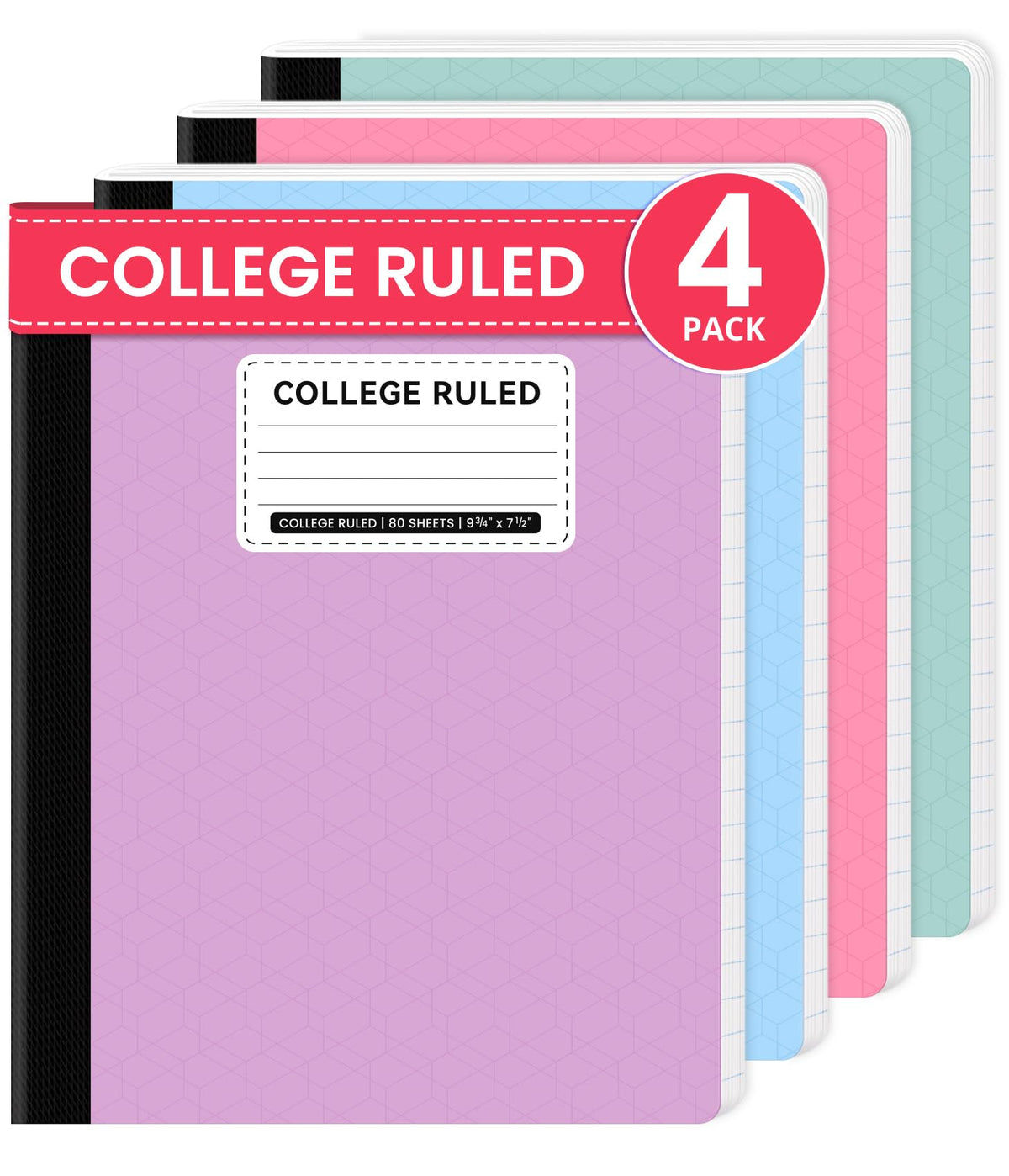 College Ruled Composition Notebook 4 Pack School Supplies, 160 Pages | 9-3/4" x 7-1/2" Aesthetic Composition Notebooks, 80 Sheets, Pastel Colors, Perfect for School, Office and Note Taking