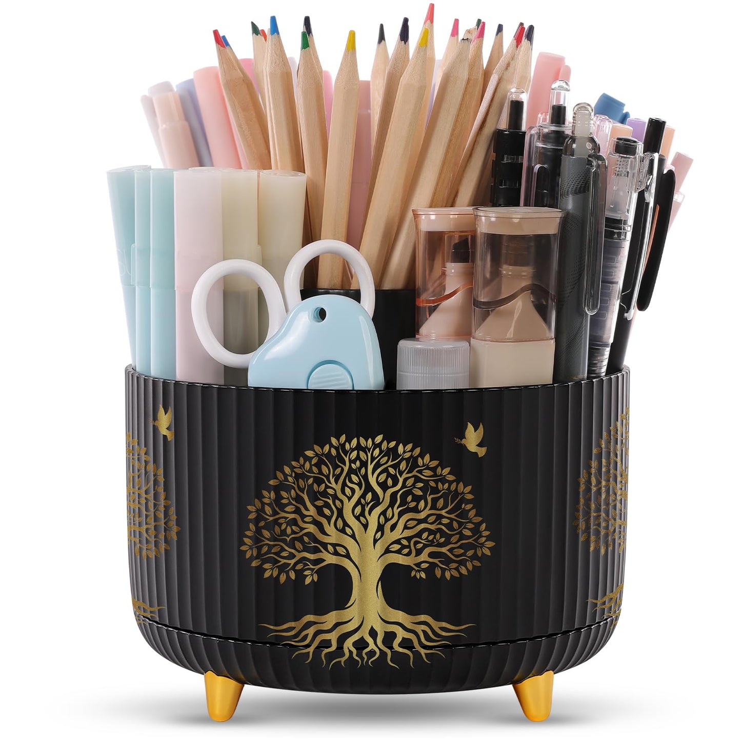 SKYDUE 360 Rotating Plastic Desk Pen Organizer with 5 Slots, Dual-Purpose Art Supply Pencil Cup for Office, School, Home
