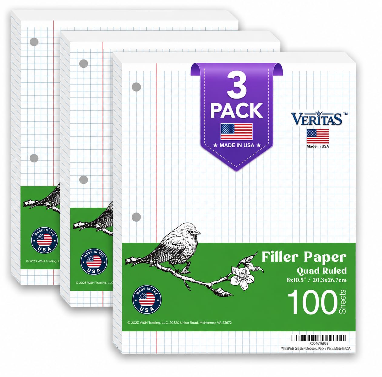 WritePads Wide Ruled Loose Leaf Paper 600 Sheets, 4 Pack Bulk Notebook Paper, 8"x10.5" 3 Hole Punched Binder Fitter Paper, Fits Standard 3-Ring Binders, Ink Bleed Resistant, Made in USA