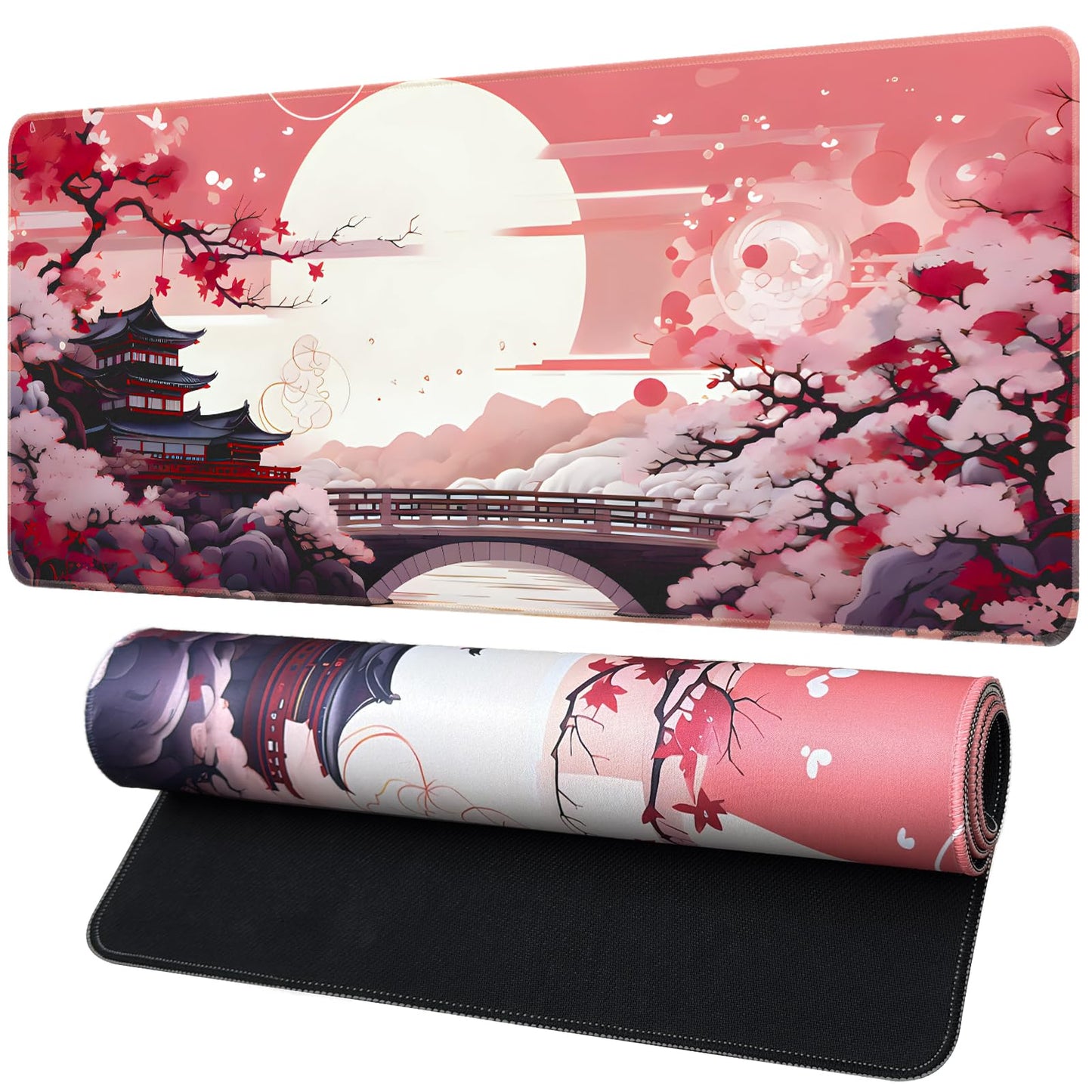 FreeNook Large Gaming Mouse Pad, Anime Black Mousepad with Stitched Edges, Expanded Cool Desk Mat, Japanese Red Moon XL Keyboard Mat Suitable for Home Office,31.5 X 11.8 Inch