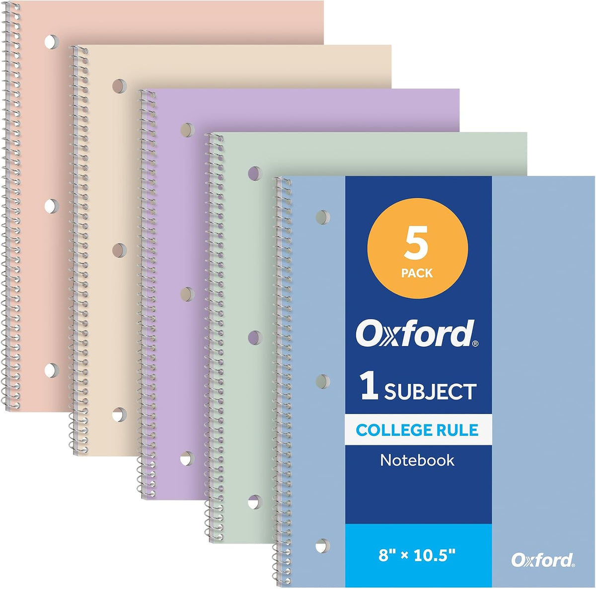 Oxford Spiral Notebooks, 5 Pack, College Ruled, 70 Sheets, Pastel Covers | 3 hole punched to fit any binder. Perforated sheets tear out easily. Color coded covers. One notebook per subject.