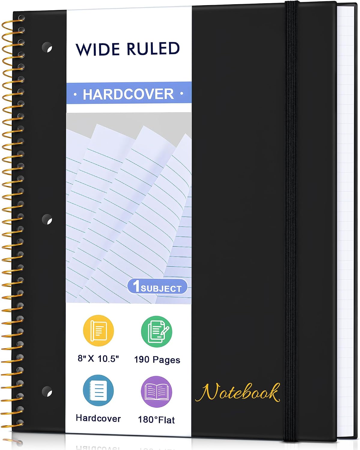 MUAHLIUB Spiral Notebook Wide Ruled Paper 8" x 10 1/2", 1 Subject Spiral Notebook, 3-Hole Punched Perforated Pages Ideal for School, Office, Writing, 95 Sheets Lined Journaling Notebook, Black