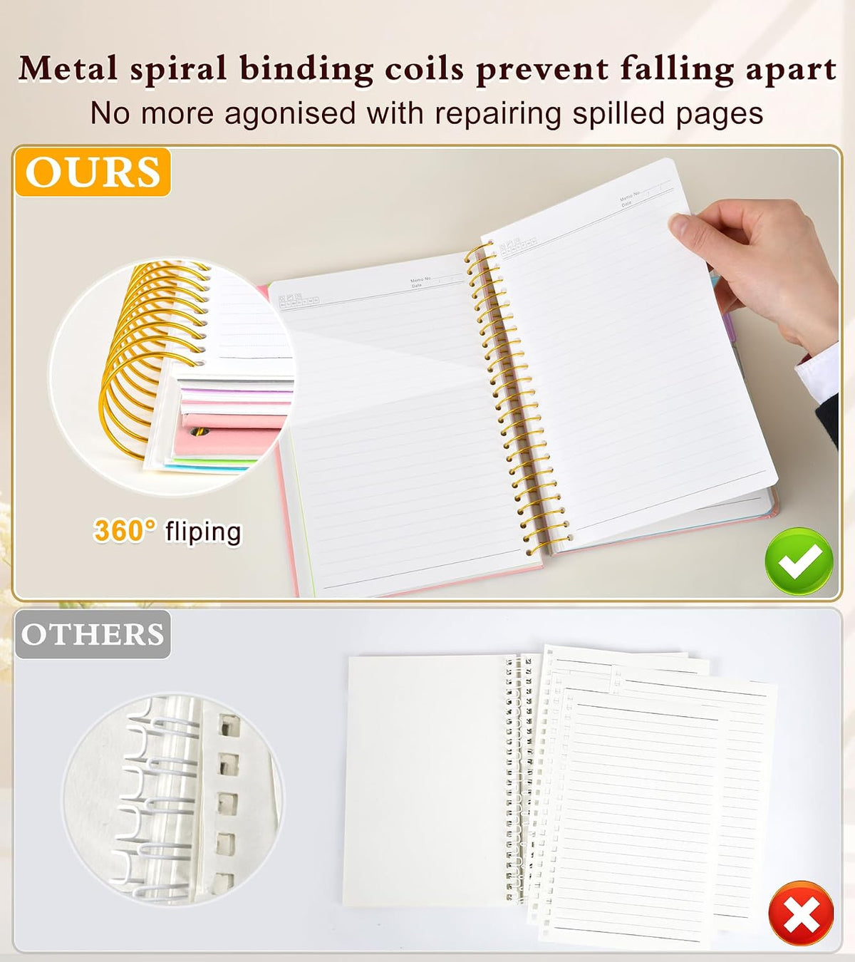 5 Subject Notebook College Ruled 240 Pages, A5(5.8"x8.3") Hardcover Spiral Notebook with Removable Pocket Dividers Tabs, Lined Spiral Journal Notebook for Women, Notebooks for Work School Note taking Pink