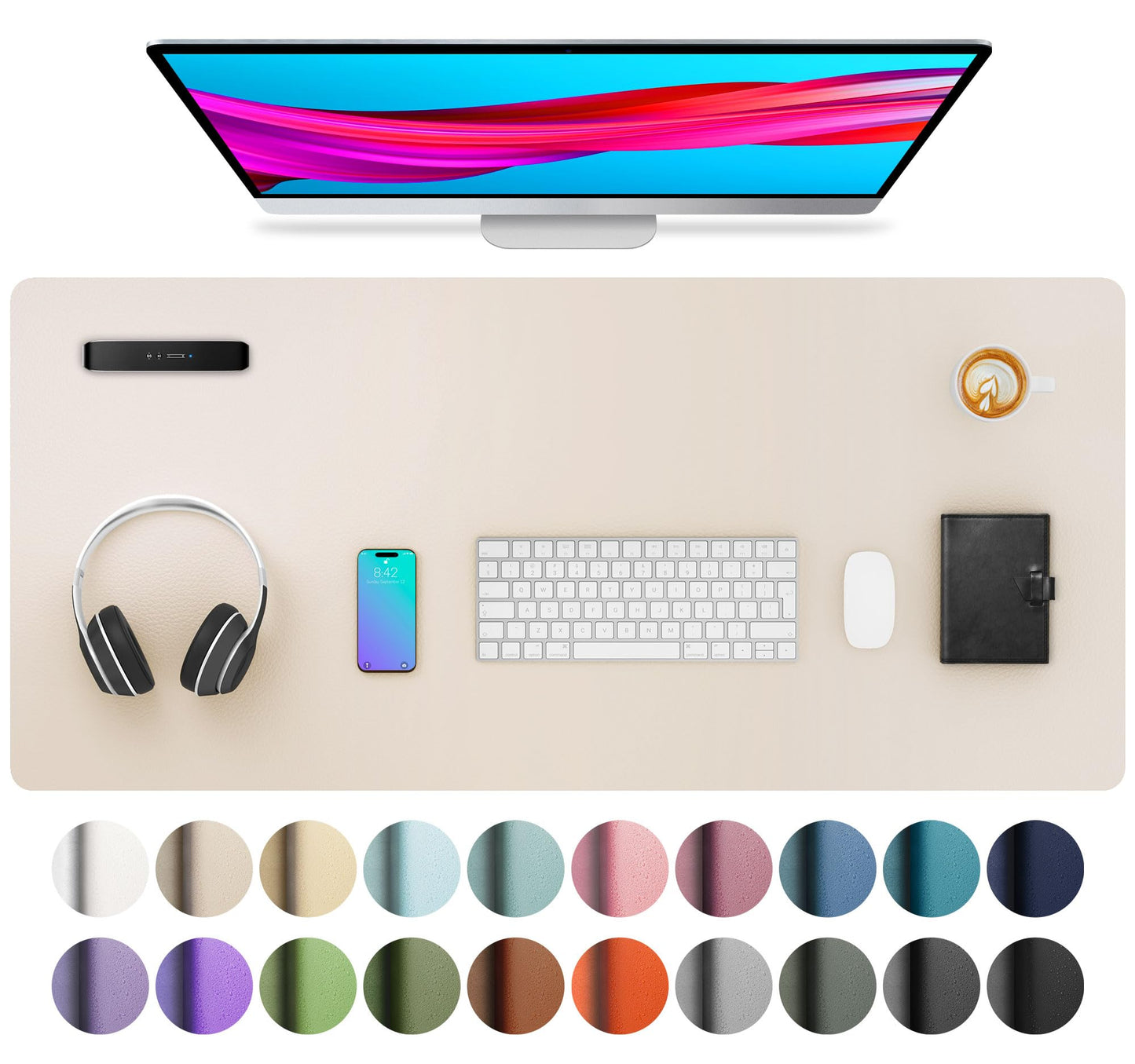 Aothia Non-Slip Waterproof PU Leather Desk Pad Protector for Mouse, Writing Desk, Office, Home, Laptop Blotter, 23.6" x 13.7", Black