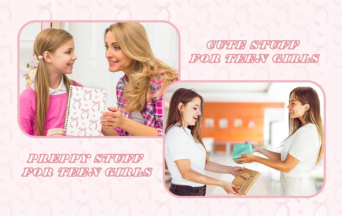 QUICQOD Cute Pink Bow Spiral Notebook Journal for Teen Girls, 5.5x8.3 Inch | Coquette Pink School Supplies for Girls, Preppy Hardcover Journal for Women, Lined Notebook for Note Taking Daily Writing