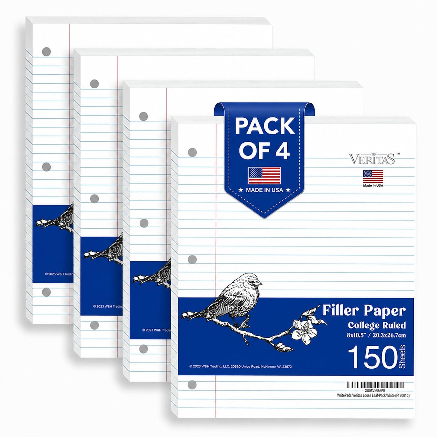 WritePads Wide Ruled Loose Leaf Paper 600 Sheets, 4 Pack Bulk Notebook Paper, 8"x10.5" 3 Hole Punched Binder Fitter Paper, Fits Standard 3-Ring Binders, Ink Bleed Resistant, Made in USA