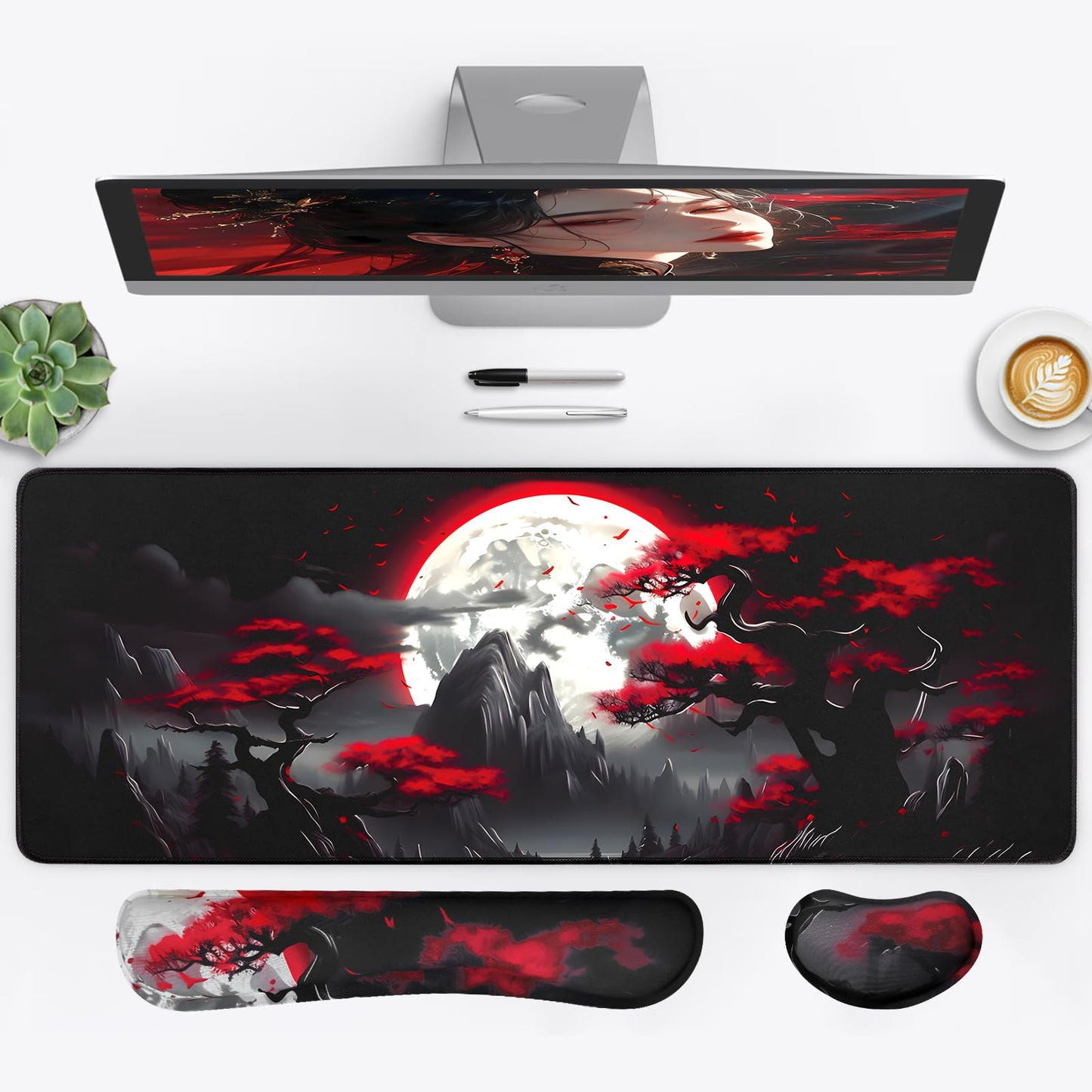 FreeNook Large Gaming Mouse Pad, Anime Black Mousepad with Stitched Edges, Expanded Cool Desk Mat, Japanese Red Moon XL Keyboard Mat Suitable for Home Office,31.5 X 11.8 Inch