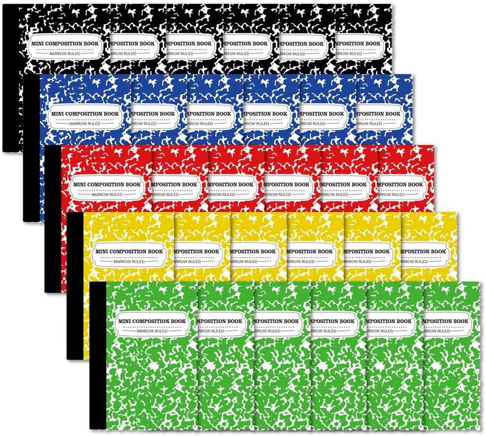 feela Composition Notebook, Mini Sized 30 Pack 5 Colors Narrow Ruled Mini Composition Books Bulk, Small Pocket Marble Cute Journal Notebooks for Kids School Home Office, Pocket Sized 4.5 x 3.25 in