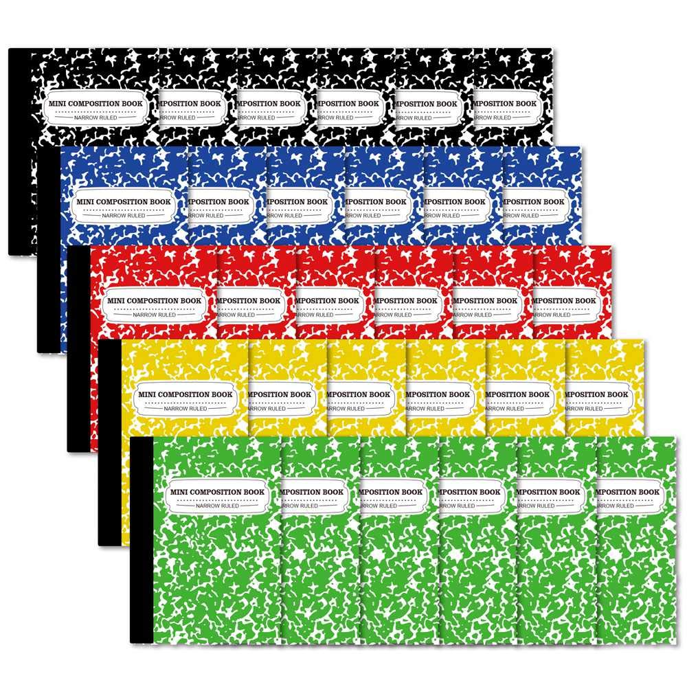 feela Composition Notebook, Mini Sized 30 Pack 5 Colors Narrow Ruled Mini Composition Books Bulk, Small Pocket Marble Cute Journal Notebooks for Kids School Home Office, Pocket Sized 4.5 x 3.25 in