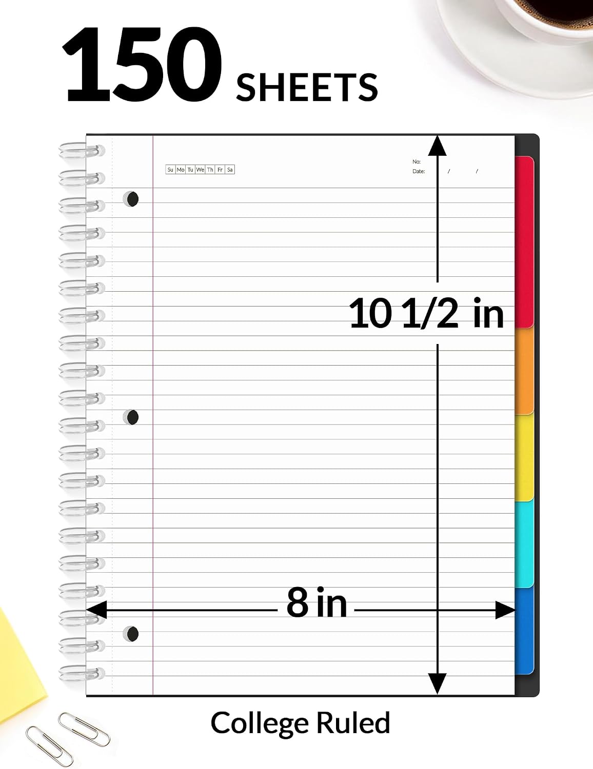 SUNEE Spiral Notebooks for Work with Removable Dividers & Tabs – College Ruled 5 Subject, 300 Pages, 3 Hole Punched, Durable PP Cover, 8"x10.5" – Notebooks for Office or School, Black