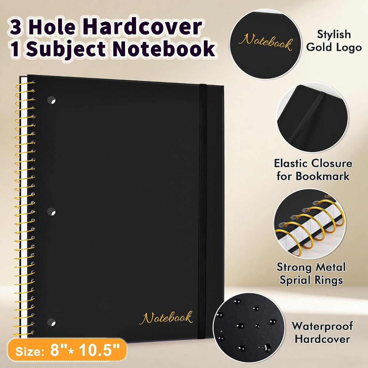 MUAHLIUB Spiral Notebook Wide Ruled Paper 8" x 10 1/2", 1 Subject Spiral Notebook, 3-Hole Punched Perforated Pages Ideal for School, Office, Writing, 95 Sheets Lined Journaling Notebook, Black