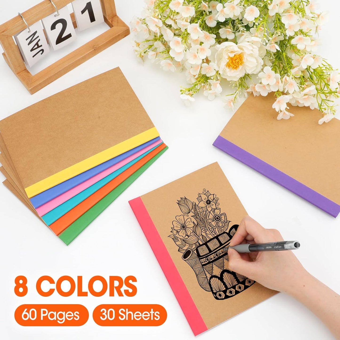 YesBes 32 Pack Composition Notebooks Bulk, A5 Kraft Cover Lined Journaling Notebooks, 8.3”x 5.5” Travel Notebook for School Office Students Artists, 8 Colors 60 Pages