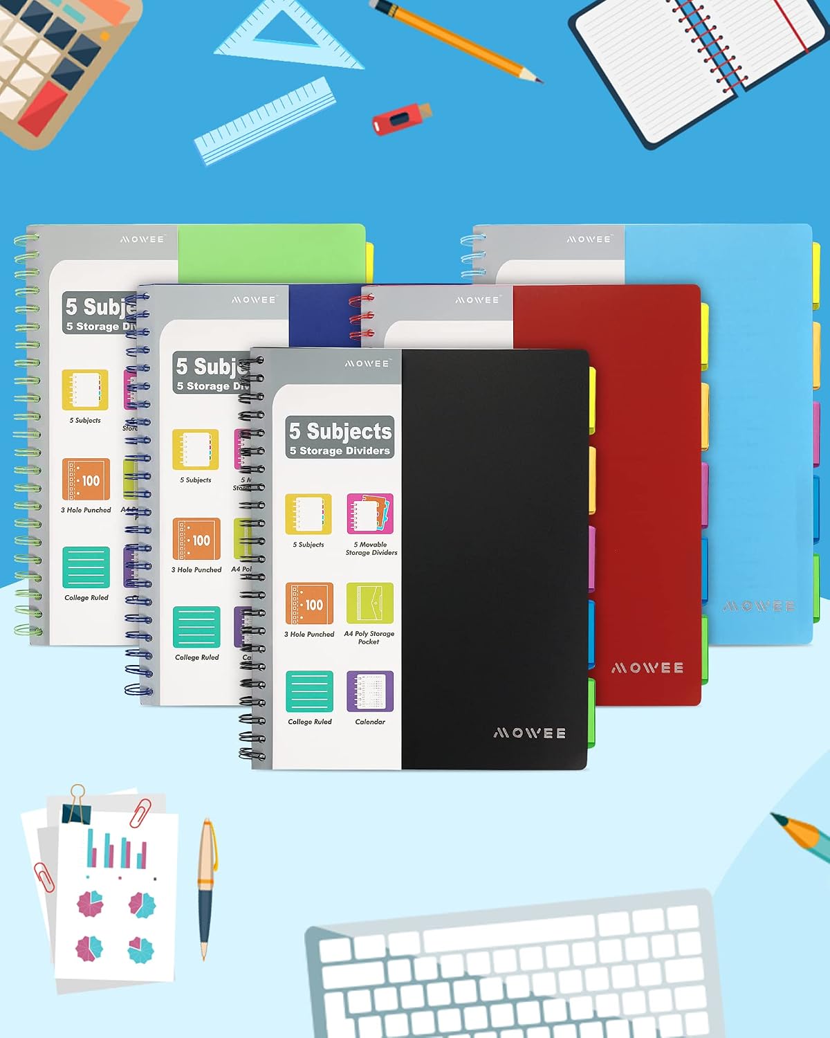 Spiral Notebook - 5 Subject Notebook, College Ruled Notebook With Dividers Pocket, Tabs Label, 11" Ruler, 200 Pages, for Writing Journal, Home & Office, School Supplies, 8.5''x11''Black | 200 Pages, 11" Ruler, 8.5"x11" Black, Pocket Dividers with Tab Labe