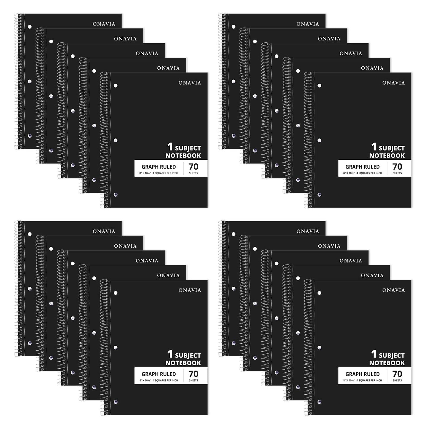 ONAVIA 1 Subject Graph Paper Spiral Notebook 5 Pack, 140 Pages, Assorted | 70 Sheets, 8 x 10.5 in, 3-Hole Punched, Graph Notebook, Grid Paper, School Notebook, Study