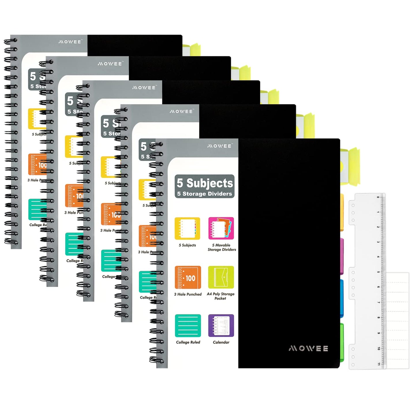 Spiral Notebook - 5 Subject Notebook, College Ruled Notebook With Dividers Pocket, Tabs Label, 11" Ruler, 200 Pages, for Writing Journal, Home & Office, School Supplies, 8.5''x11''Black | 200 Pages, 11" Ruler, 8.5"x11" Black, Pocket Dividers with Tab Labe