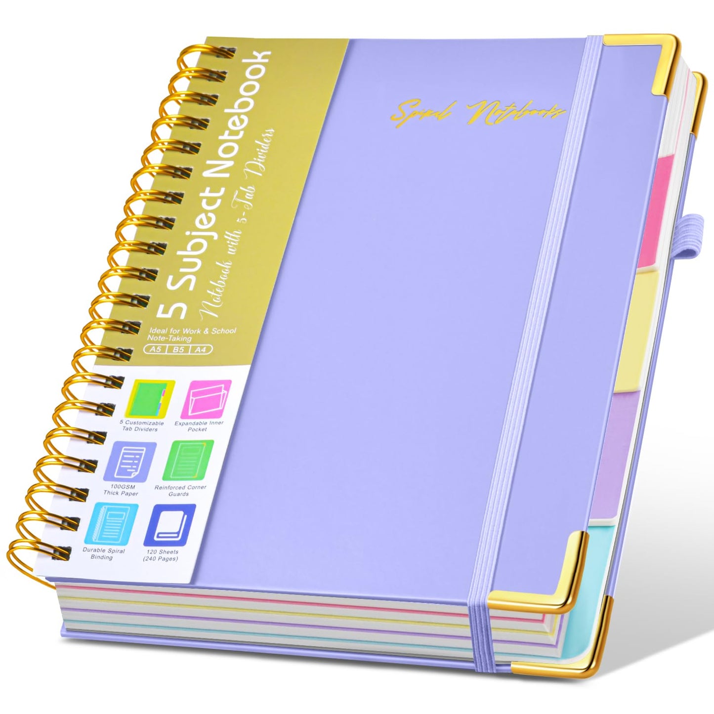 Hardcover Large Spiral Notebook 8.5" x 11" with Removable Dividers Tabs, 300 pages Leather 5 Subject Notebook College Ruled, A4 Journal for Women Men, Notebooks for Work School Note taking,Purple