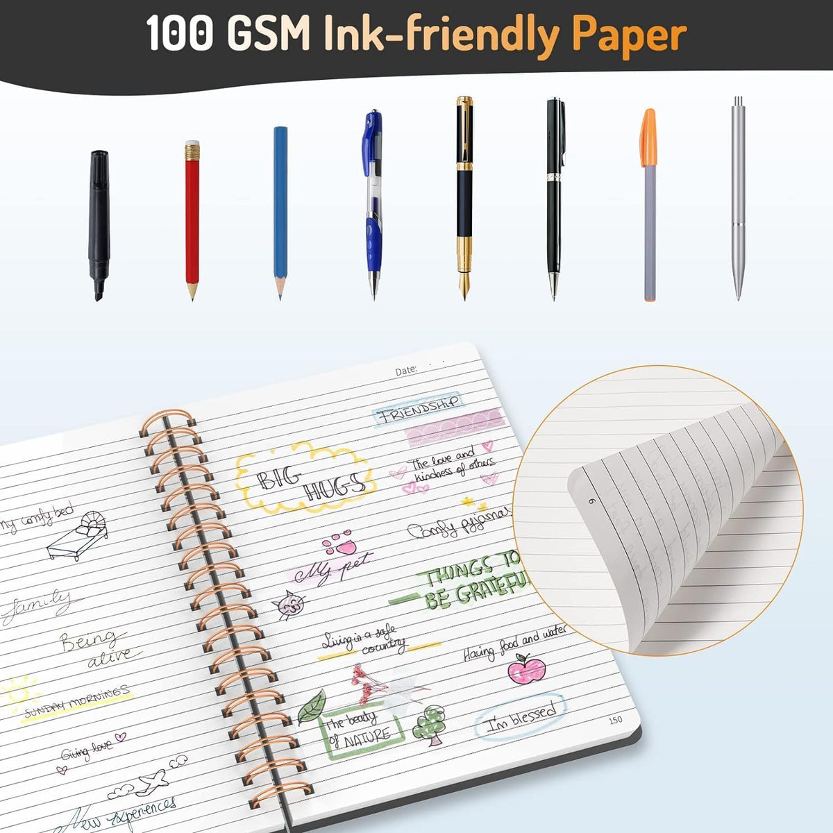 Forvencer Lined Spiral Journal Notebook with 300 Numbered Pages, B5 | College Ruled Thick Journals for Writing with 100GSM Paper, Hardcover Notebooks with Content for Work School Women Men