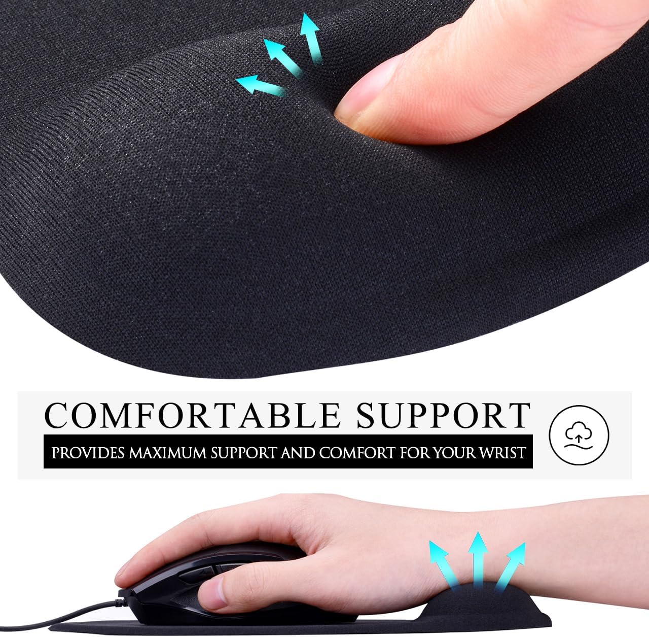 JIKIOU Ergonomic Mouse Pad with Gel Wrist Rest 2 Pack, Portable Small Black | Upgraded-Prevent Gel Leakage, Ergonomic Design for Pain Relief, Cooling Gel filled, Smooth Lycra Surface, Non-Slip PU Base