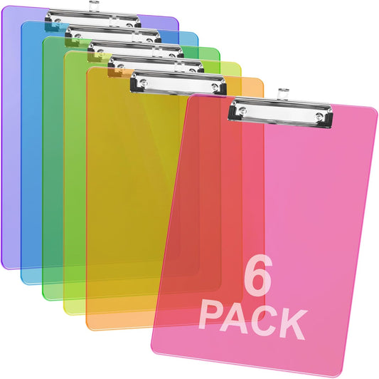 Plastic Clipboards, 6 Assorted Colors Transparent Clip Boards, A4 Letter Size 12.5 x 9 Inch, Low Profile Clip, Office, School Supplies for Students, Teachers, Nurses