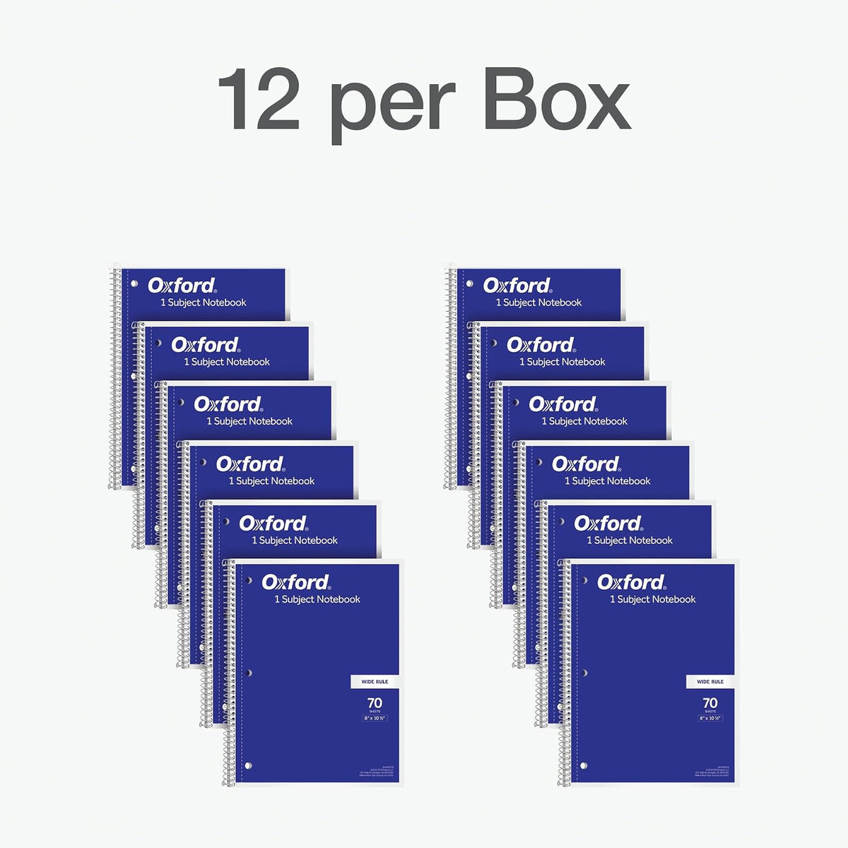 Oxford Spiral Notebook 12 Pack, Bulk College Ruled Spiral Notebooks for School, 1 Subject Journal For School, Wide Ruled Paper, 8 x 10-1/2 Inch, Blue Covers, 70 Perforated Lined Sheets (65218)