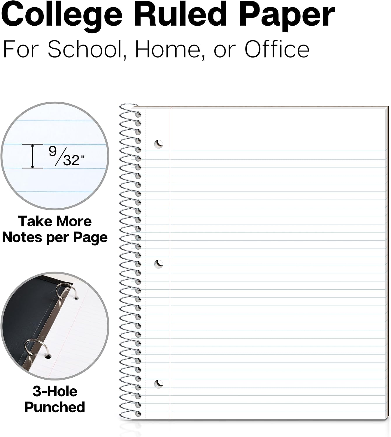 Dunwell 1-Subject College Ruled Spiral Notebook 8.5x11, 100 Sheets, Black | Plastic Cover, Pocket Divider, 3-Hole Punched, Perforated Pages, Fits 8.5x11 Paper