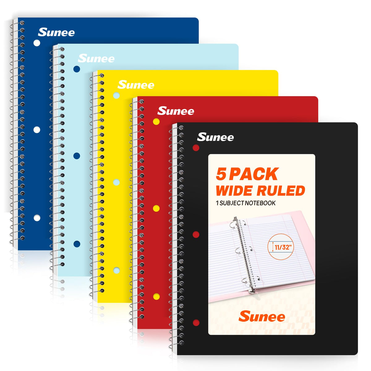 SUNEE Spiral Notebooks, 1-Subject, 5 Pack, Wide Ruled Paper, 8" x 10-1/2", 70 Sheets per Notebook, 3-Hole Punched Paper, Spiral Lined Notebooks for School, Work, Classic Colors