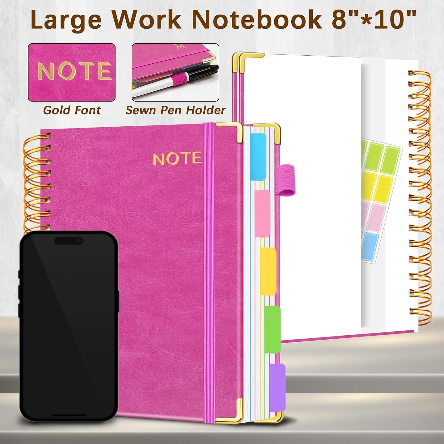 Hardcover Spiral Notebooks for Work 8''x 10'', 300 Pages 5 Subject Notebook with Dividers & Tabs, B5 Spiral Journal for Women, College Ruled Notebooks for School Note-Taking (Rose Purple)