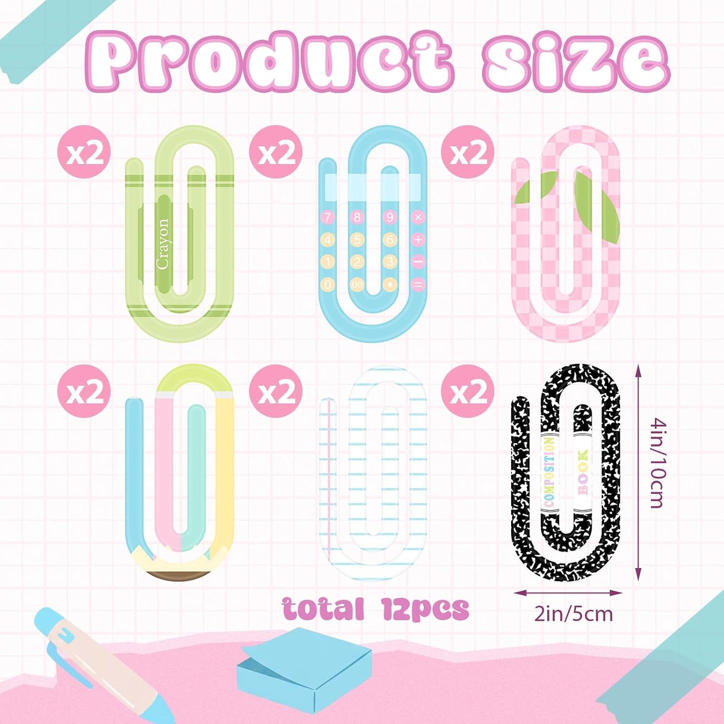 Colarr 24 Pcs Pastel Back to School Teacher Gift Survival Kit Supplies | 12 Jumbo Acrylic Paper Clips, 12 Ballpoints Pens, Pastel Teacher Supplies for Classroom Book Lovers Staff Office Writing