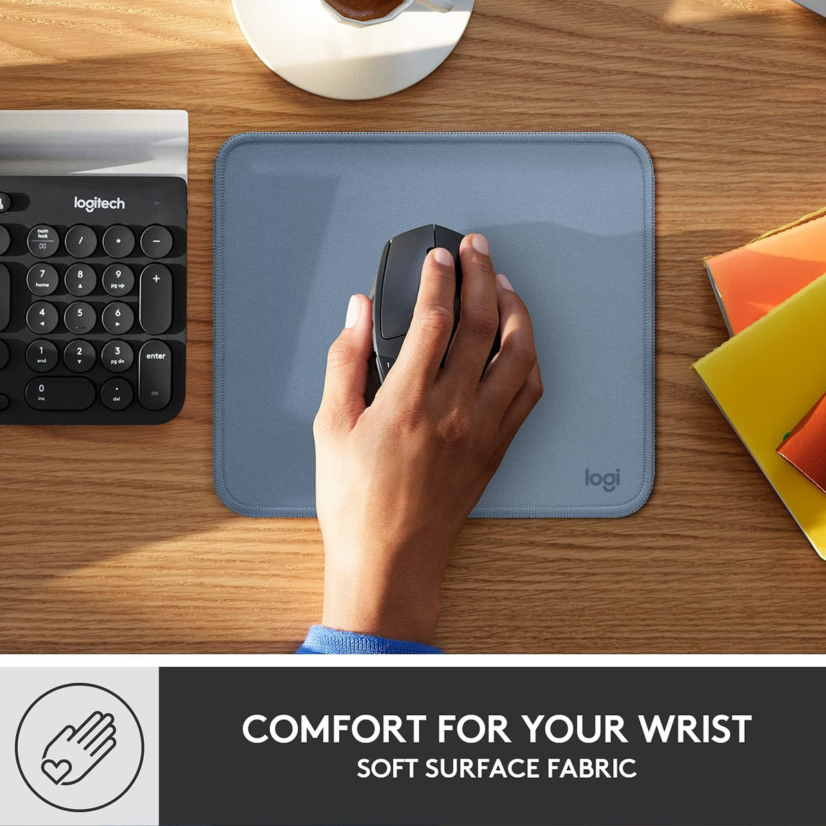 Logitech Studio Series Computer Mouse Pad - Blue Grey | Anti-slip rubber base, easy gliding surface, durable materials, portable design, for computers