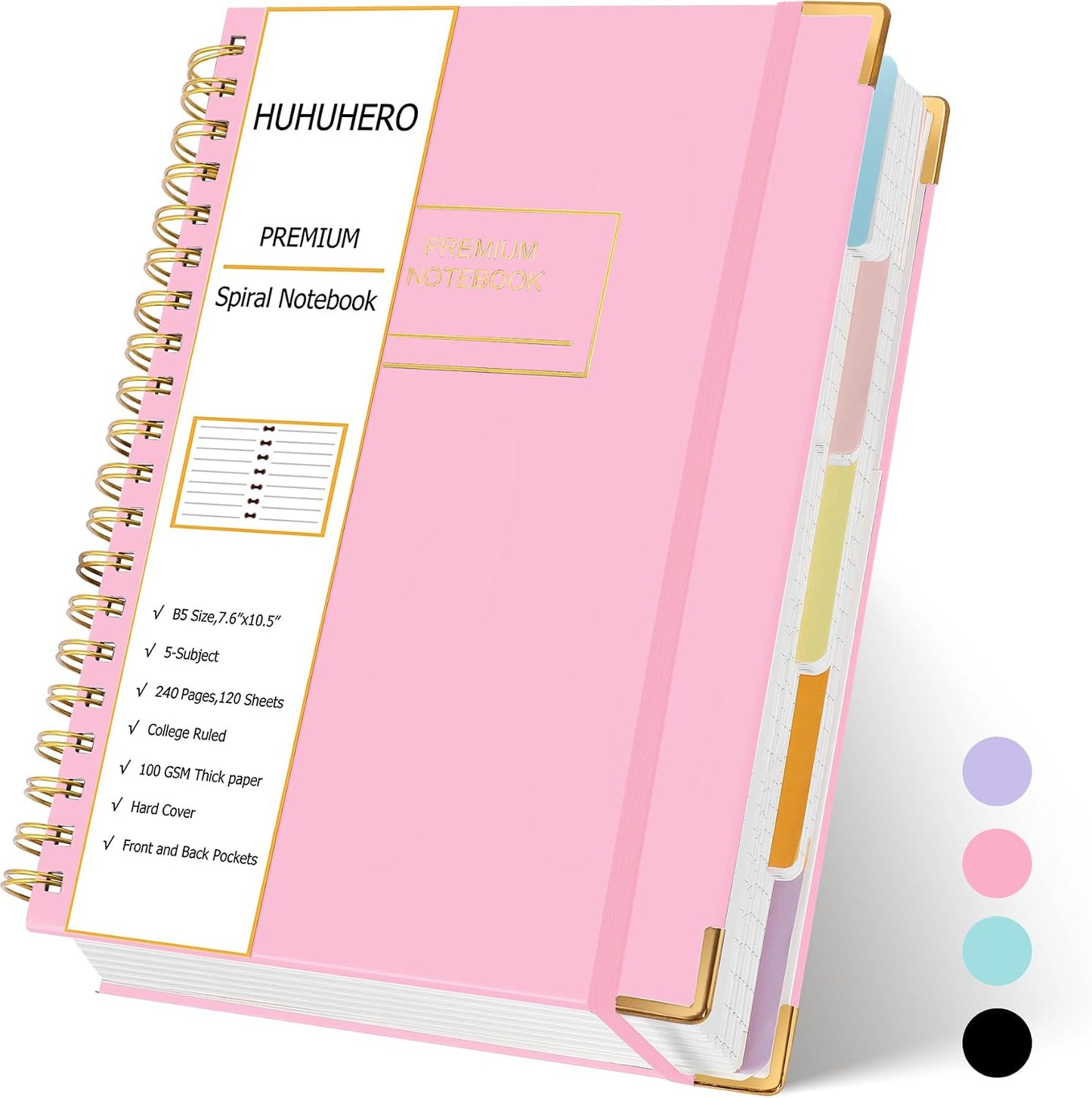 5 Subject Notebook with Dividers, Lined Spiral Journal, 7.6" x 10.5", Pink | 240 Page, B5 Aesthetic Writing Journals for Women, Hardcover Notebooks for Work Note Taking, College Essentials