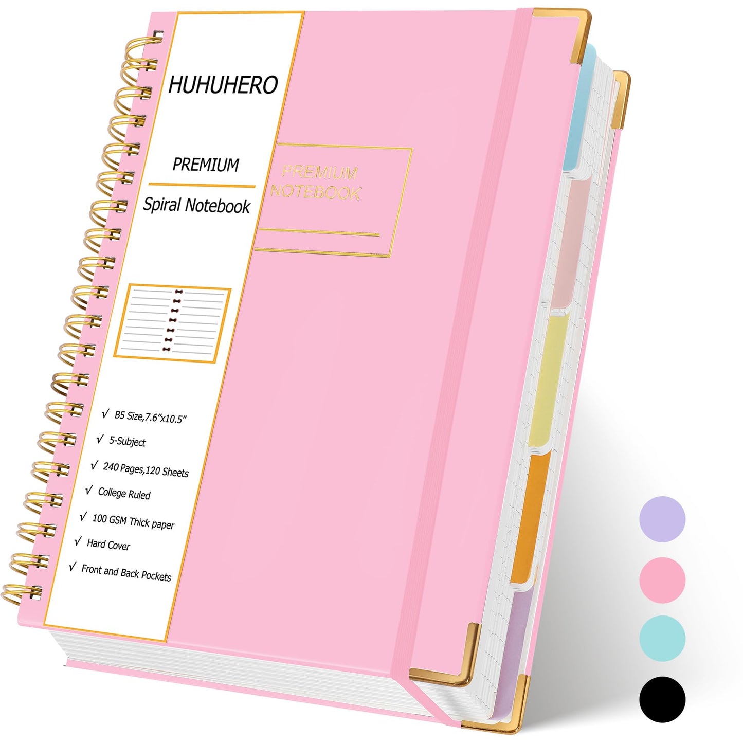 5 Subject Notebook with Dividers, Lined Spiral Journal, 7.6" x 10.5", Pink | 240 Page, B5 Aesthetic Writing Journals for Women, Hardcover Notebooks for Work Note Taking, College Essentials