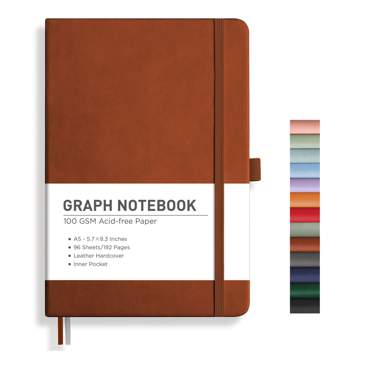 RETTACY Graph Grid Paper Notebook, 192 Pages, A5 Size (5.7'' x 8.3'') | 5 Squares per Inch, Leather Hardcover, 100 GSM Thick Paper, for School, Students, Math, Engineering (Light Green)