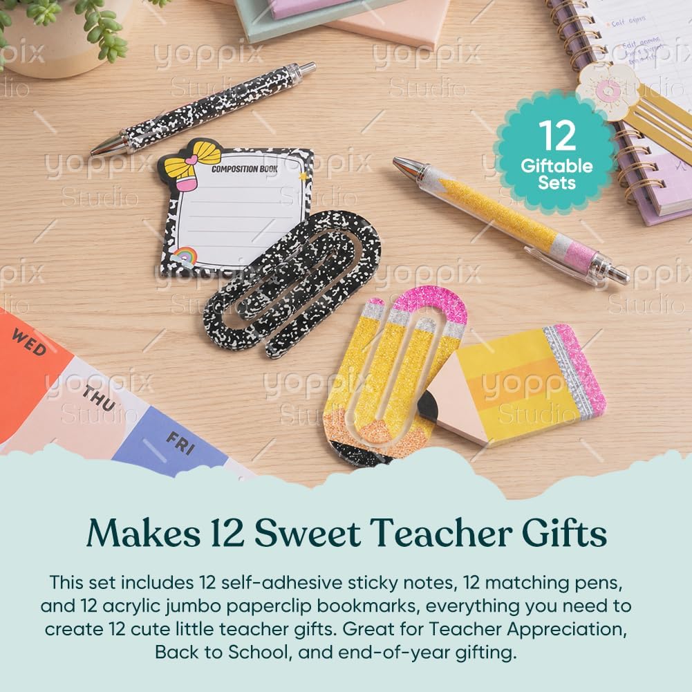 YOPPIX 36Pcs Teacher Gifts – with Pens Notes Paperclips for Back to School | Teacher Appreciation Gifts, 12Sticky Notes, 12Ballpoint Pen, 12Jumbo Paperclips, Classroom or Office, Back to School Supplies