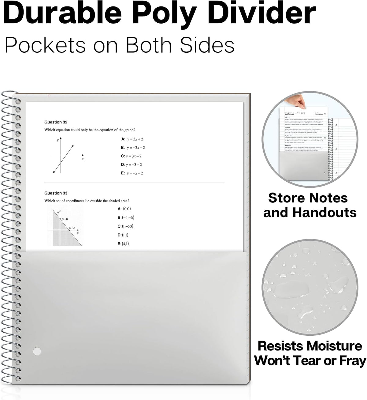 Dunwell 1-Subject College Ruled Spiral Notebook 8.5x11, 100 Sheets, Black | Plastic Cover, Pocket Divider, 3-Hole Punched, Perforated Pages, Fits 8.5x11 Paper