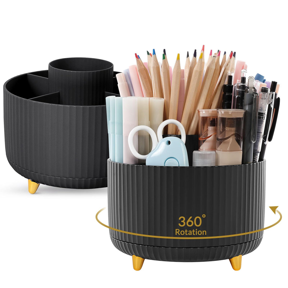 SKYDUE 360 Rotating Plastic Desk Pen Organizer with 5 Slots, Dual-Purpose Art Supply Pencil Cup for Office, School, Home